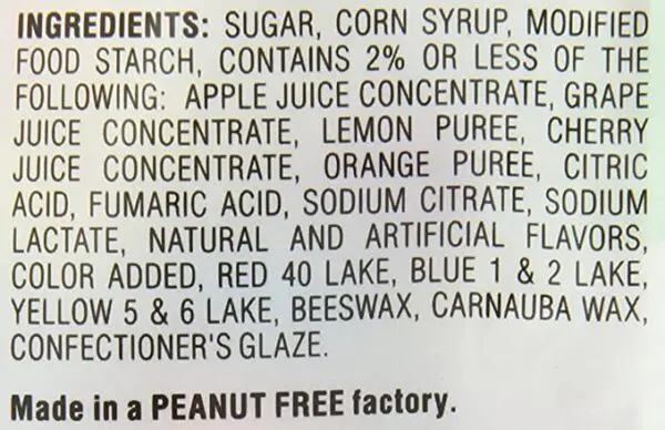 The back of a Jelly Belly Sours Jelly Beans, Sour Fruit Flavors, 9.8-oz Stand-Up Pouch, 6 Pack.