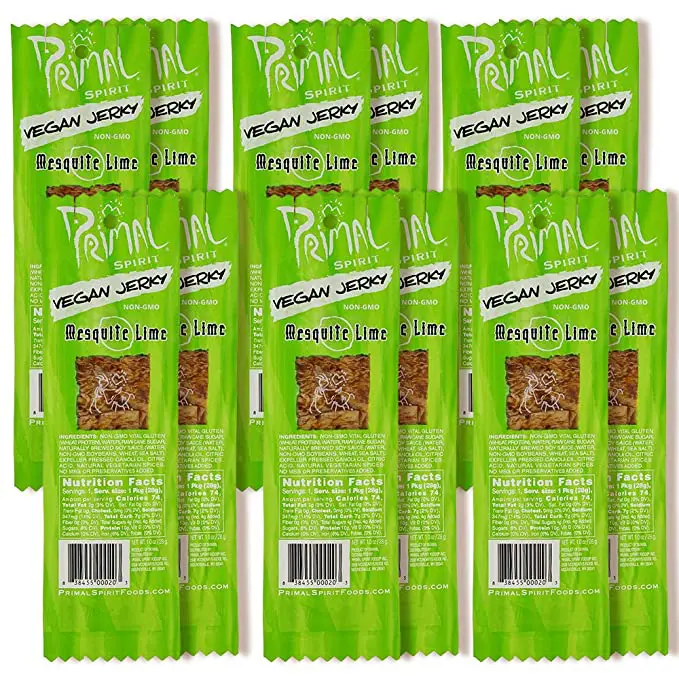 A pack of twelve Primal Spirit Vegan Jerky – “Classic Flavor” – Mesquite Lime bars on a white background.