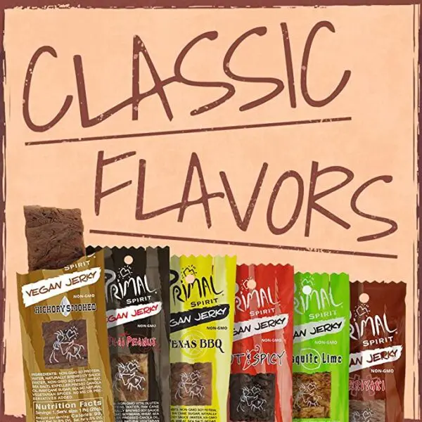 A variety of flavors with the Primal Spirit Vegan Jerky – “Classic Flavor” – Hickory Smoked, 10 g. Plant Based Protein, Certified Non-GMO, No Preservatives, Sports Friendly Packaging (24 Pack, 1 oz).