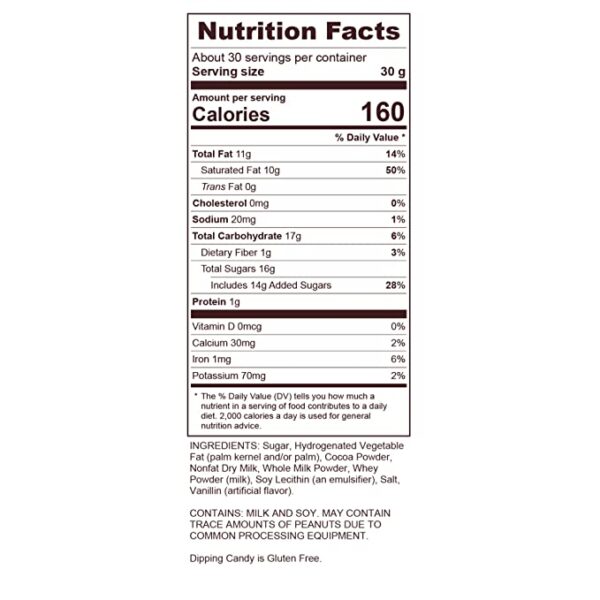 A nutrition label for ChocoMaker Milk Chocolate Microwavable Fondue and Fountain Dipping Candy - 2 Pound Bag.