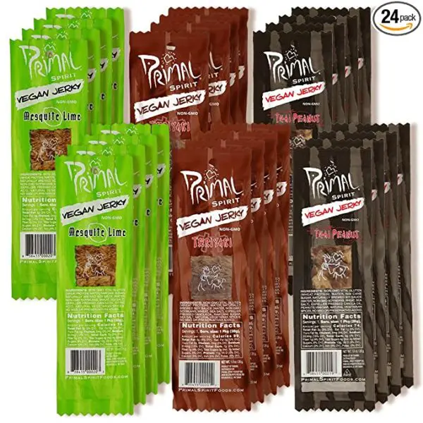 A pack of Primal Spirit Vegan Jerky - Seitan Power Pack, 10 g. Plant Based Protein, Certified Non-GMO, No Preservatives ("The Classics" Teriyaki, Thai Peanut, and Mesquite Lime, 24-Pack, 1 oz) containing six different kinds of chocolate bars.