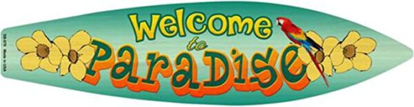 A parrot with a Bundle: Home Decor Metal Surfboard Beach Signs - Welcome to Paradise Sign, Endless Summer Sign, Tropical Bar Sign and Flip Flop Sign.