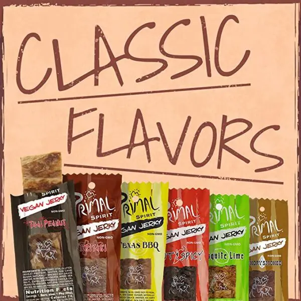 A variety of Primal Spirit Vegan Jerky – “Classic Flavor” – Thai Peanut, 10 g. Plant Based Protein, Certified Non-GMO, No Preservatives, Sports Friendly Packaging (24 Pack, 1 oz) bars.