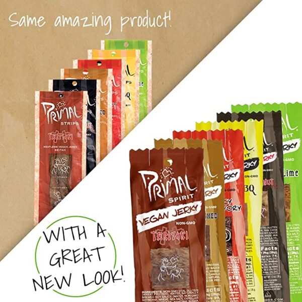 Primal Spirit Vegan Jerky - Our Sampler Pack, 10g. Plant Based Protein, Certified Non-GMO ("The Classics" Thai Peanut, Mesquite Lime, Teriyaki, Hot & Spicy, Hickory Smoked, & Texas BBQ, 12-Pack, 1 oz) with a great new look.