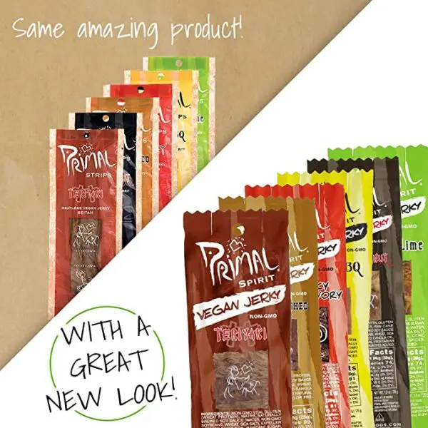 Some amazing Primal Spirit Vegan Jerky - Our Sampler Pack, 10g. Plant Based Protein, Certified Non-GMO ("The Classics" Thai Peanut, Mesquite Lime, Teriyaki, Hot & Spicy, Hickory Smoked, & Texas BBQ, 24-Pack, 1 oz) with a great new look.