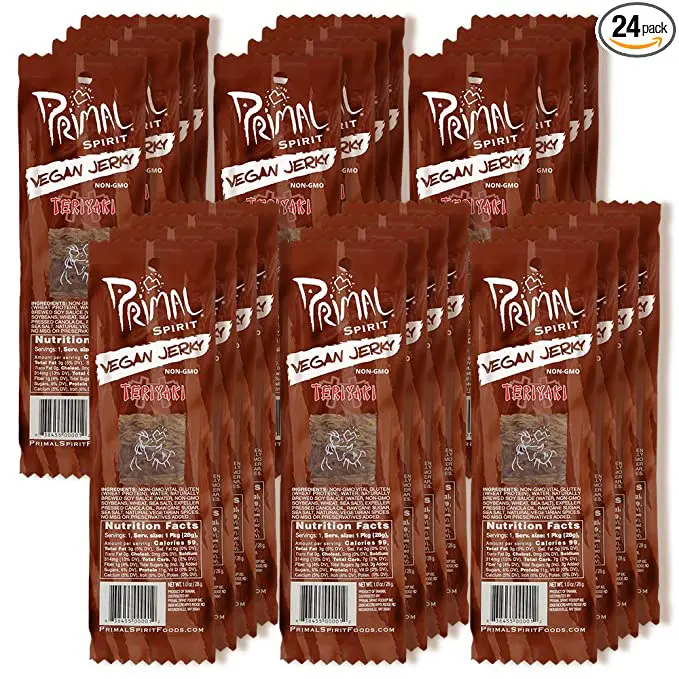 A pack of 24 Primal Spirit Vegan Jerky – “Classic Flavor” – Teriyaki, 10 g. Plant Based Protein, Certified Non-GMO, No Preservatives, Sports Friendly Packaging (24 Pack, 1 oz) on a white background.