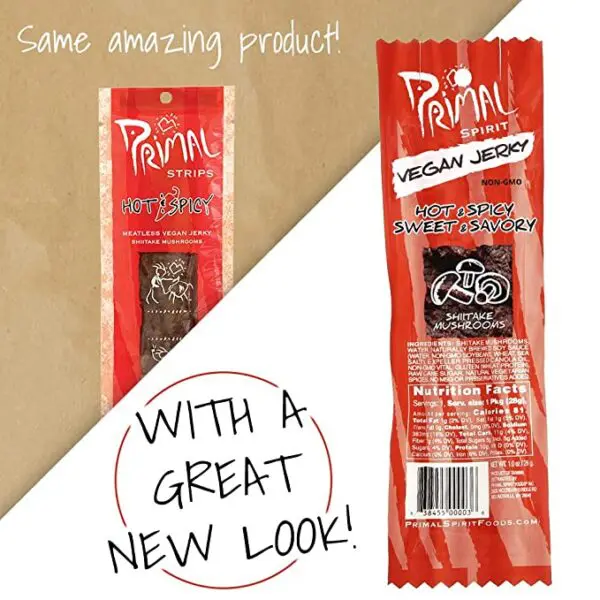 A package of Primal Spirit Vegan Jerky “SHIITAKE MUSHROOM” with a great new look.