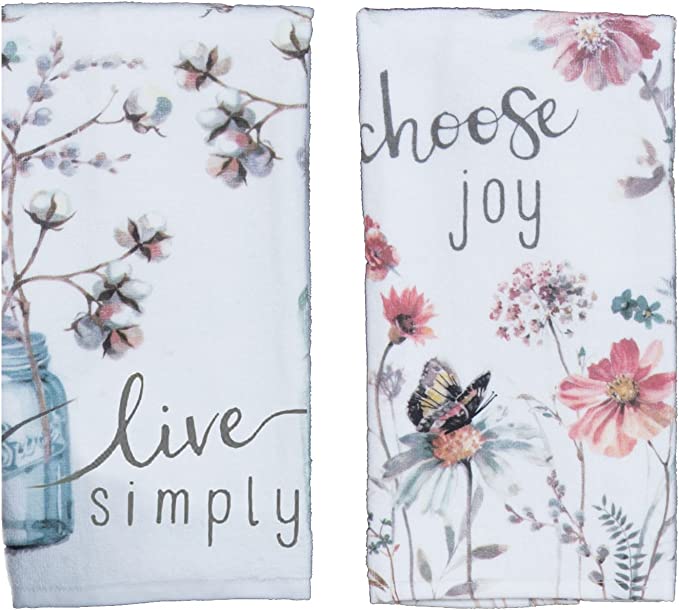 Two Kay Dee Designs Kitchen Towels with the words choose joy and live simply.