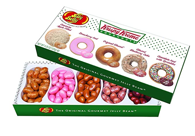 A Jelly Belly Candy 64787 4.25oz KK Gift Box 4.25 oz 5 Flavors Krispy Kreme, Multi-colored of krispy kreme doughnuts.