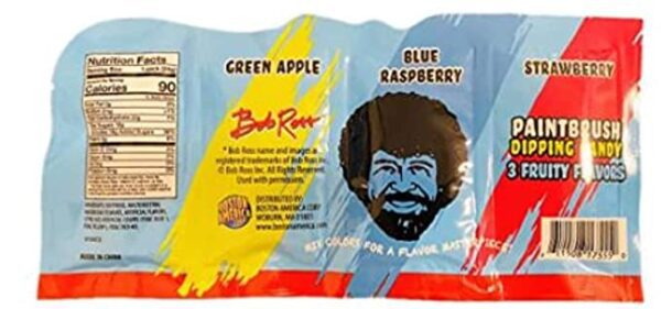 Two packs of Bob Ross Flavor Palette Paintbrush Dipping Candy - One (1) 0.85 Oz Pack. 3 Fruity Flavors Strawberry, Blue Raspberry and Green Apple are shown on a white background.