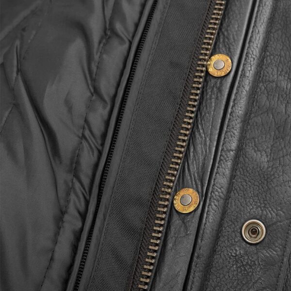 A close up of a zipper on the First Mfg Co - Raider - Men’s Motorcycle Leather Jacket | Leather Jacket for Men.