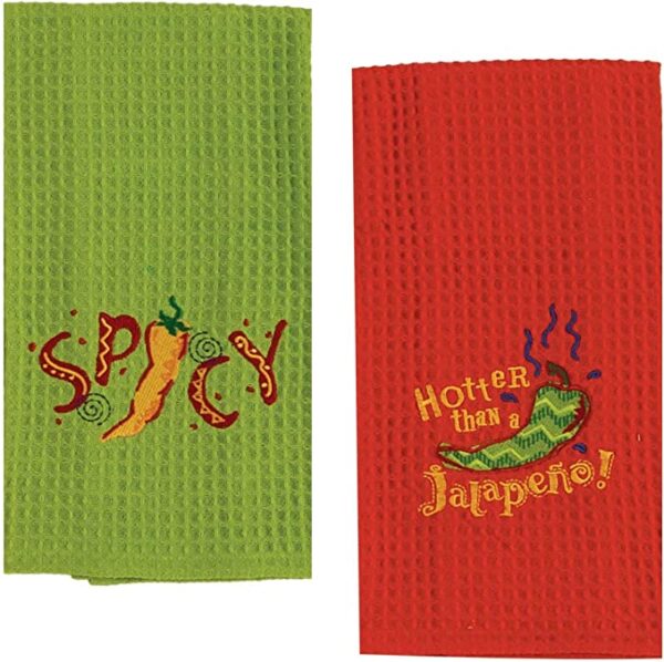 Two Mexican Food Themed Decorative Cotton Kitchen Towels with the words spicy japanese on them.