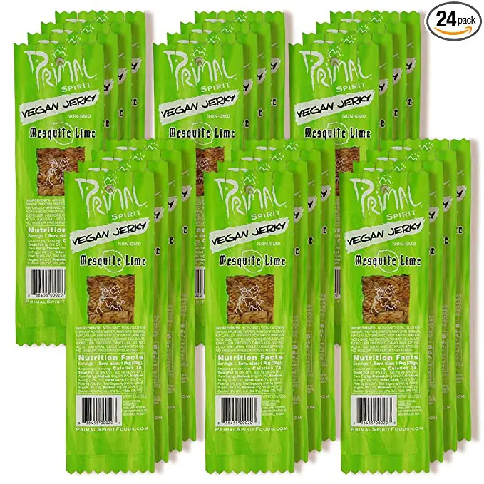 A pack of Primal Spirit Vegan Jerky – “Classic Flavor” – Mesquite Lime, 10 g. Plant Based Protein, Certified Non-GMO, No Preservatives, Sports Friendly Packaging (24 Pack, 1 oz) green chinese chinese chinese chinese chinese chinese.