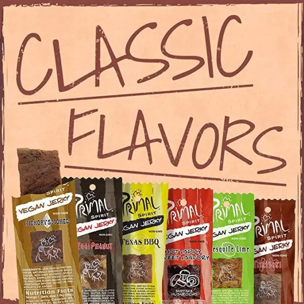 A variety of flavors with the Primal Spirit Vegan Jerky - Most Popular Flavors Pack, 10 g. Plant Based Protein, "Classics" 4 Teriyaki, 4 Hickory Smoked, 4 Texas BBQ, 2 Thai Peanut, 2 Hot & Spicy, 2 Mesquite Lime, 18-Pack, 1 oz.