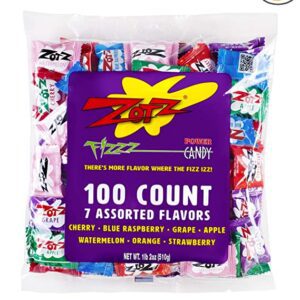 Zotz Fizzy Candy Bag, Assorted Flavors, 100 Count Bag includes 7 flavors.