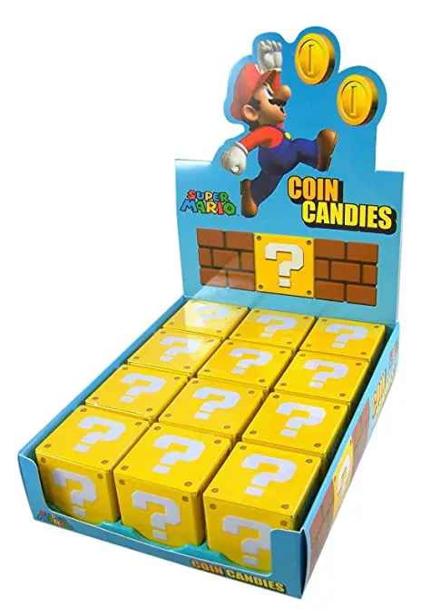 Nintendo Super Mario Question Mark Box Coin Candy - 12-box Case candles in a display box.