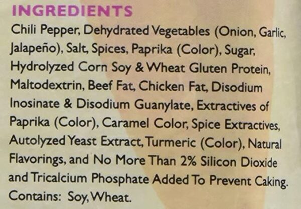 The ingredients of Cin Chili Mix 6 are shown on the back of the package.