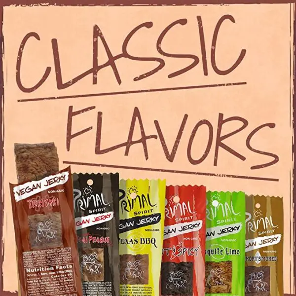 A variety of flavors with the Primal Spirit Vegan Jerky - Seitan Power Pack, 10 g. Plant Based Protein, Certified Non-GMO, No Preservatives ("The Classics" Teriyaki, Thai Peanut, and Mesquite Lime, 24-Pack, 1 oz) flavors.