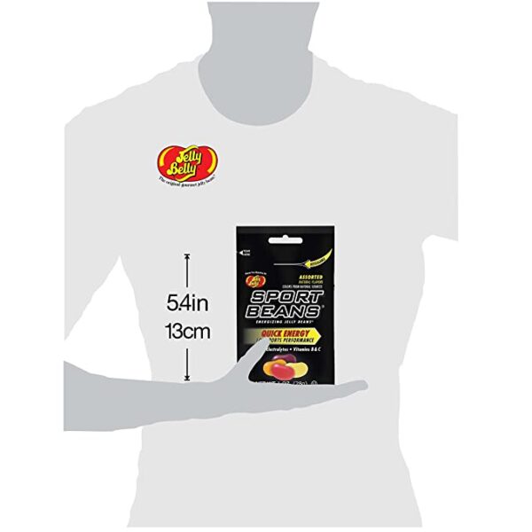 A woman is holding a Jelly Belly Sport Beans [6-Pack] Assorted Sport Beans (Orange, Fruit Punch, Green Apple, Juicy Pear, Lemon Lime, Berry) bag with measurements on it.