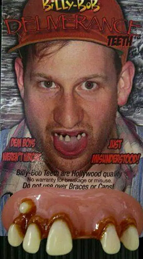 A picture of a man with Billy Bob 10031 Deliverance Fake Teeth Novelty Item in a magazine.
