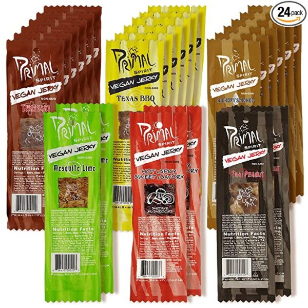 A pack of Primal Spirit Vegan Jerky - Most Popular Flavors Pack, 10 g. Plant Based Protein, ("The Classics" 6 Teriyaki, 6 Hickory Smoked, 6 Texas BBQ, 2 Thai Peanut, 2 Hot & Spicy, 2 Mesquite Lime 24-Pack, 1 oz chocolate bars.