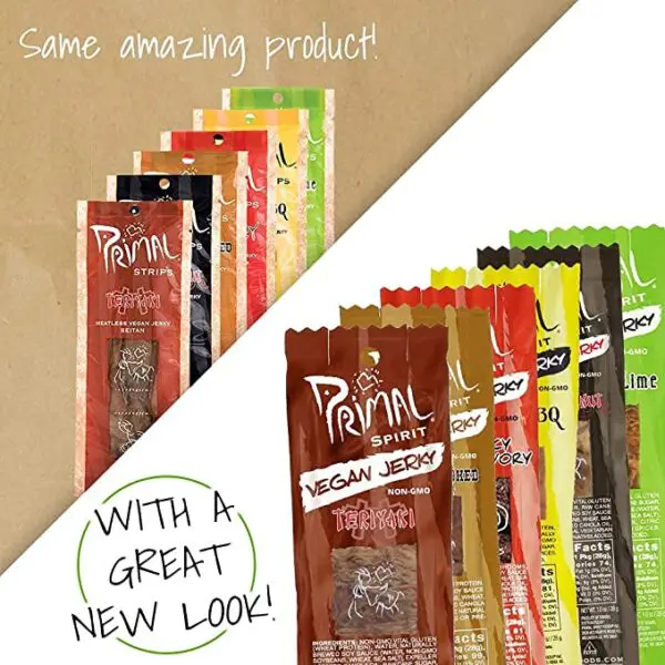 Some amazing Primal Spirit Vegan Jerky - Sampler Pack, 10g. Plant Based Protein, Certified Non-GMO ("Classics" Thai Peanut, Mesquite Lime, Teriyaki, Hot & Spicy, Hickory Smoked, & Texas BBQ, 18-Pack, 1 oz.) with a great new look.