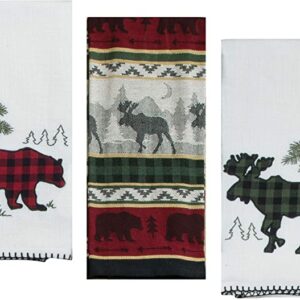 Three 3 Cabin Lodge Themed Decorative Cotton Kitchen Towels Set with Bear and Moose Print, 2 Applique Tea Towels and 1 Jacquard Tea Towel for Dish and Hand Drying by Kay Dee Designs, with bears and pine cones on them.