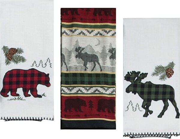 Three 3 Cabin Lodge Themed Decorative Cotton Kitchen Towels Set with Bear and Moose Print, 2 Applique Tea Towels and 1 Jacquard Tea Towel for Dish and Hand Drying by Kay Dee Designs, with bears and pine cones on them.