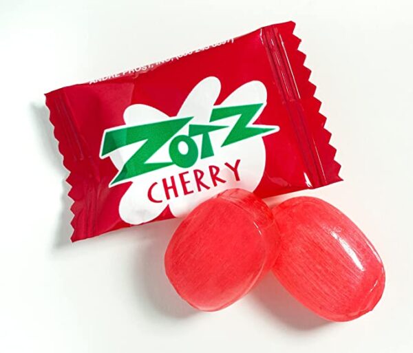 A bag of Zotz Fizz Power Candy Cherry - Fruit Flavored Hard Candy With a Fizzy Center | 230g Bag, Single Pack | Gluten-free on a white surface.