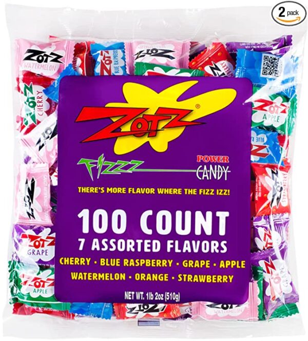 A bag of Zotz Fizzy Candy, Assorted Flavors, 200 Count in various flavors.