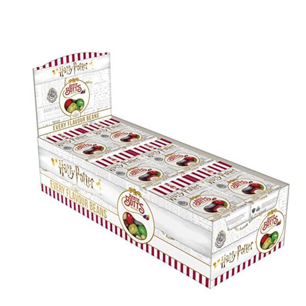 A box of Jelly Belly Harry Potter Bertie Bott's Every Flavor Jelly Beans, 1.2-oz, 24 Pack with a red and white stripe.