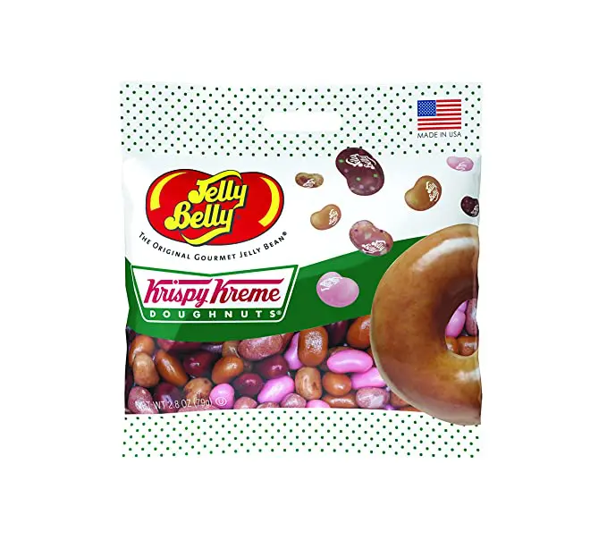 A bag of Jelly Belly Krispy Kreme Doughnuts Jelly Beans, Assorted Doughnut Flavors, 2.8-oz, 12 Pack in a bag.