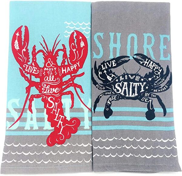 Two Kay Dee Designs Live Salty Lobster & Crab Kitchen Towels Dishtowel Set for Cleaning, Drying, Polishing, and Baking.