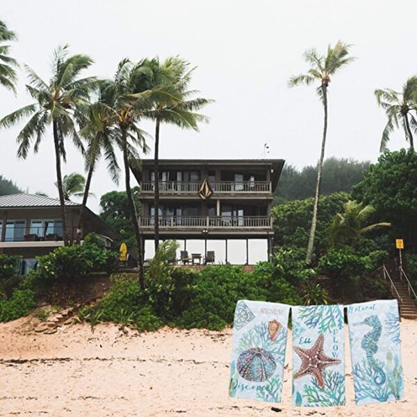 Two Kay Dee Designs Set of 3 Beachcomber Dual Purpose Terry Kitchen Towels hanging on the beach in front of a house.