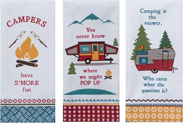 Kay Dee Designs Camping Life Kitchen Tea Towels, Set of 3 with a camper and a tent on them.