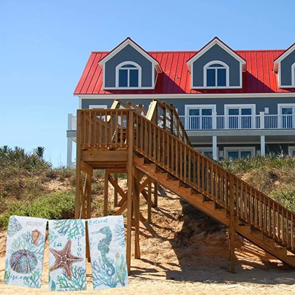 A Kay Dee Designs Set of 3 Beachcomber Dual Purpose Terry Kitchen Towels with a red roof and stairs.