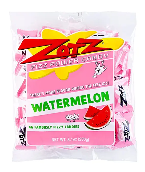 A bag of Zotz Fizz Power Candy Watermelon - Fruit Flavored Hard Candy with a Fizzy Center | 230g Bag, Single Pack | Gluten-Free.