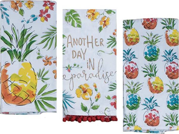 Another day in 3 Pineapple Themed Decorative Cotton Kitchen Towels Set | Tropical Beach Style Print | 2 Dual Purpose, 1 Flour Sack Towel for Dish and Hand Drying | by Kay Dee Designs.