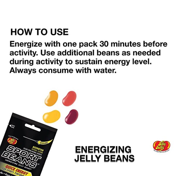 A pack of Jelly Belly Sport Beans [6-Pack] Assorted Sport Beans (Orange, Fruit Punch, Green Apple, Juicy Pear, Lemon Lime, Berry) with instructions on how to use them.