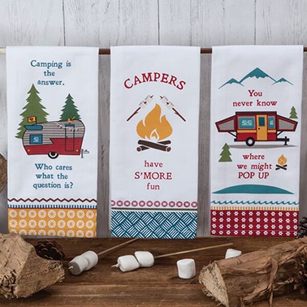 A set of Kay Dee Designs Camping Life Kitchen Tea Towels, Set of 3 with a campfire and a camper.