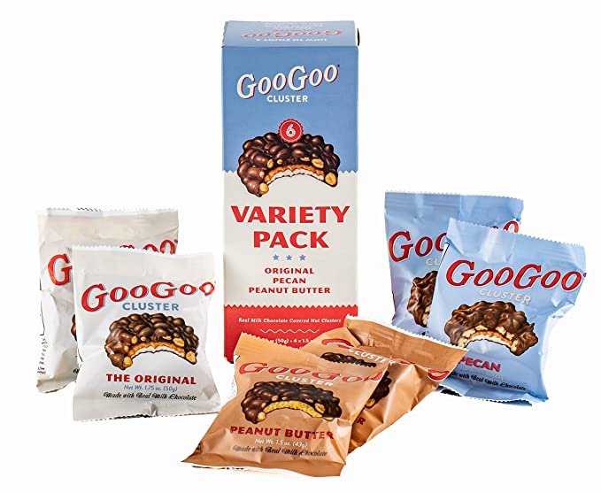 A variety pack of Goo Goo Cluster cookies - 2 of each Flavor Large Bars - Original, Supreme, Peanut Butter.