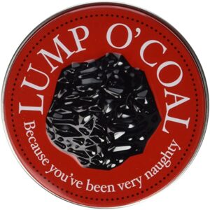 A Candy Tin Lump O Coal Coal Shaped Gum with the word lump o' coal on it.
