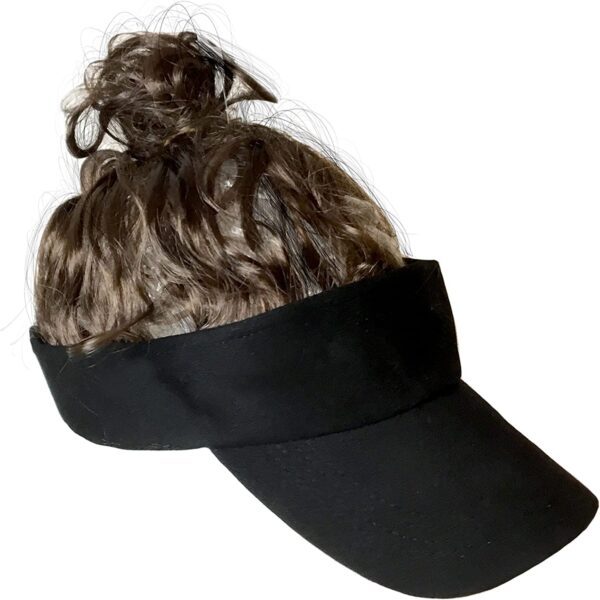 A Billy-Bob Man Bun Visor, The World's First Man Bun Visor! Brown Hair!, Black, One Size with a ponytail on it.