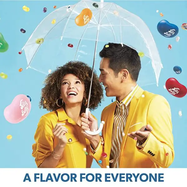 A man and woman holding an umbrella with the words Sugar-Free Jelly Belly Jelly Beans - Genuine, Official, Straight from the Source, 2.8 Ounce (Pack of 12).