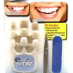 A package of Instant Smile Triple Shade Temporary Tooth Kit - Replace A Missing Tooth in Just 5 Minutes!, with a pair of scissors and a pair of scissors.