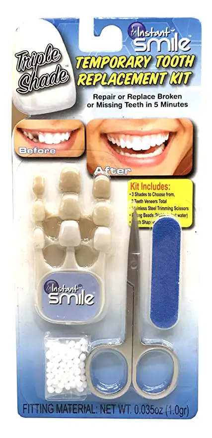 A package of Instant Smile Triple Shade Temporary Tooth Kit - Replace A Missing Tooth in Just 5 Minutes!, with a pair of scissors and a pair of scissors.