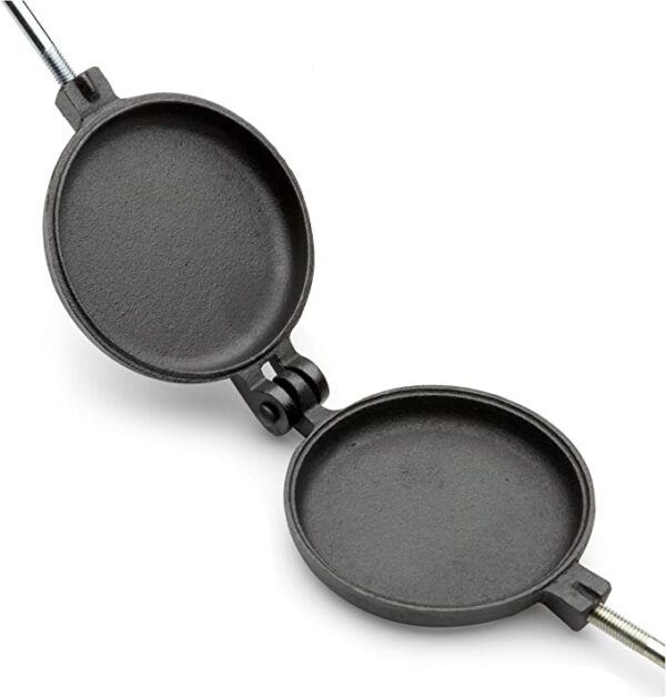 Two Old Mountain Pre Seasoned Round Pie Irons, 28 Inch Long on a white background.