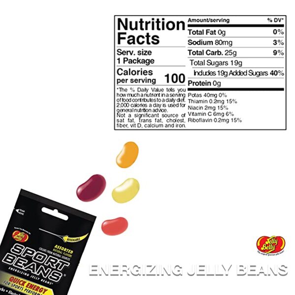 A package of Jelly Belly Sport Beans [6-Pack] Assorted Sport Beans (Orange, Fruit Punch, Green Apple, Juicy Pear, Lemon Lime, Berry) with a label on it.