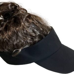 A Billy-Bob Man Bun Visor, The World's First Man Bun Visor! Brown Hair!, Black, One Size with curly hair on it.