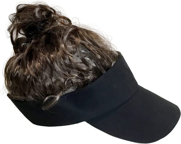 A Billy-Bob Man Bun Visor, The World's First Man Bun Visor! Brown Hair!, Black, One Size with curly hair on it.